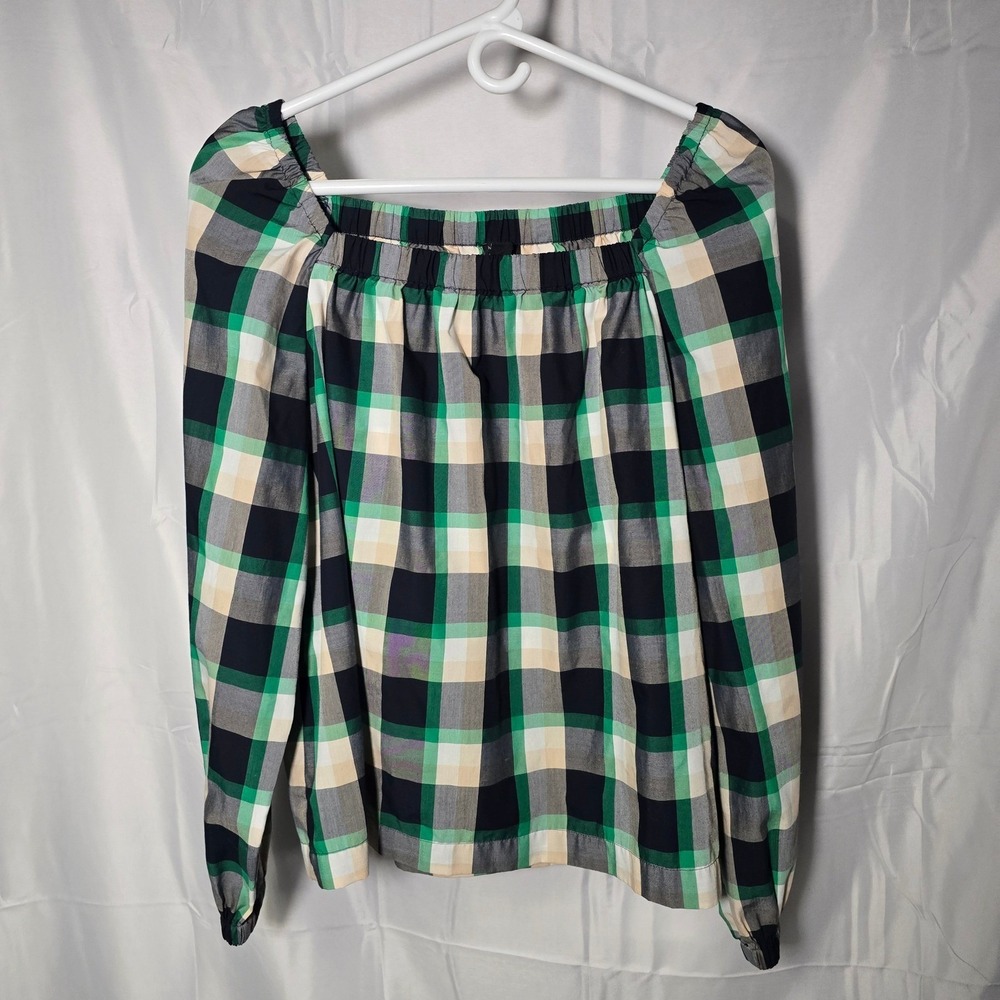 Ann‎ Taylor Womens Medium Green Plaid Blouse Top Cottagecore Off Shoulder